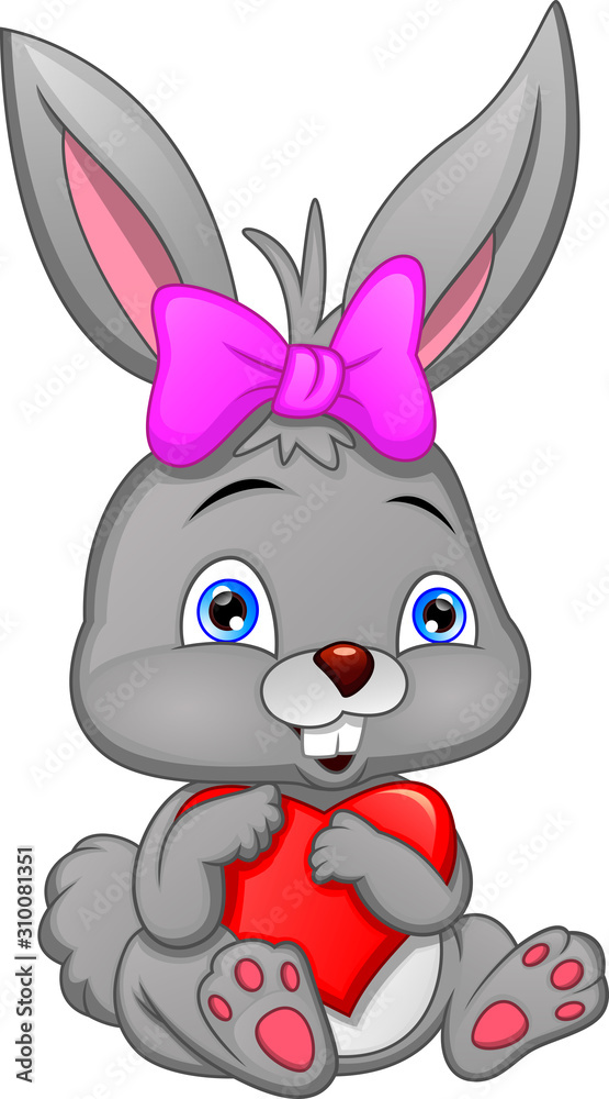 Cartoon happy rabbit holding love sign