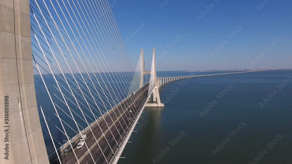 Vasco da Gama cable bridge lisbon Portugal aerial shot 4k