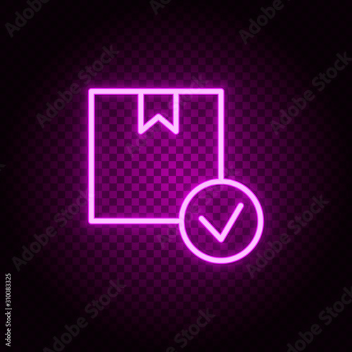 box, delivery, check neon icon. Pink neon vector icon