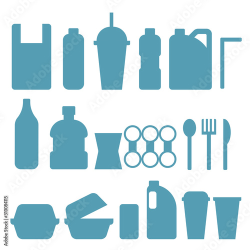 collection of plastic bags  bottles  foam  glasses  environment pollution  set of objects isolated on white background. vector flat icon symbol illustration silhouette style