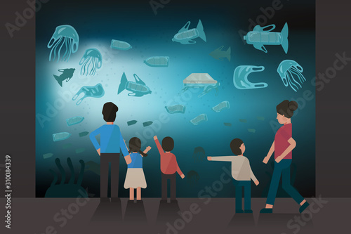 Concept of plastics environment pollution effect to marine animals life, people seeing plastic trash fish in aquarium, turtle foam, jellyfish plastic bags, bottles. cartoon vector flat illustration.