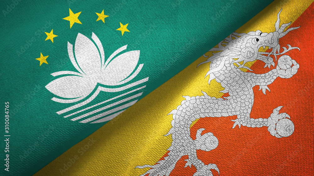 Macau and Bhutan two flags textile cloth, fabric texture Macau and Bhutan two flags textile cloth, fabric texture