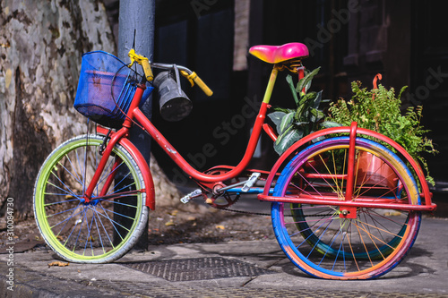 fun bike of many colors and plants in the back