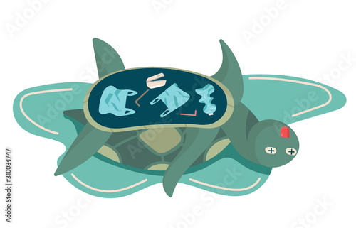 concept of environmental, sea, ocean pollution with plastic waste, bottle, garbage, trash or rubbish in animal stomach, marine life, dead turtle. cartoon vector flat illustration.