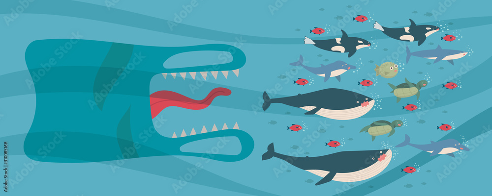 concept of environmental plastic pollution effect to marine animals life,  plastic monster chasing to eat fish, whale, shark, turtle, dolphin, killer  whale. cartoon vector flat illustration. Stock Vector | Adobe Stock