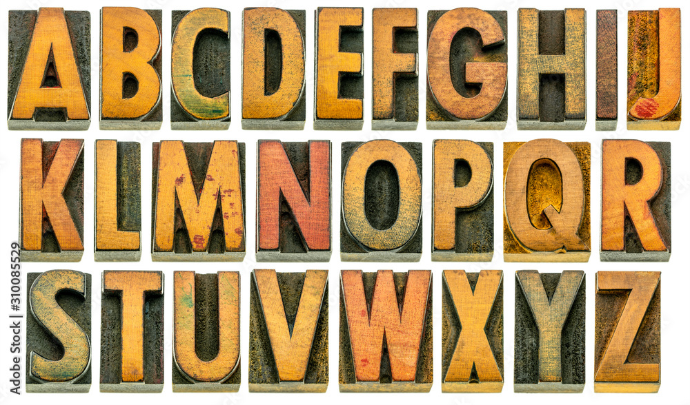 English alphabet in wood type isolated - obrazy, fototapety, plakaty 
