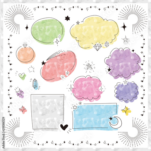Set of hand drawn glitter icons and speech bubbles