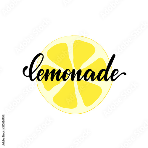 black and white lettering inscriptions Lemonade with doodle slice menu. Hand drawn text sticker kit on healthy cooling drinks. Modern calligraphy for restaurant, cafe, bar menu design.