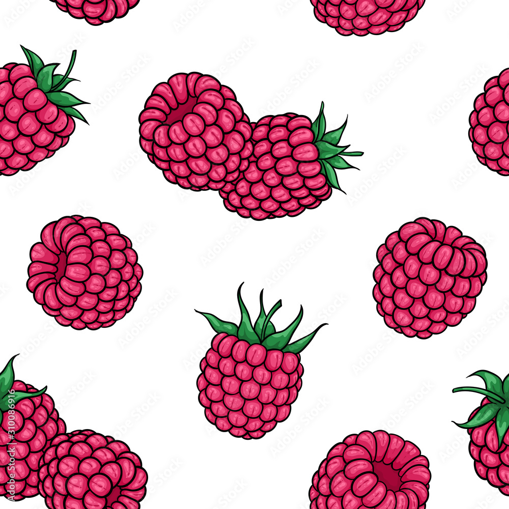 seamless pattern pink raspberries with black contour on white background, symbol of summer. design holiday greeting card and invitation of seasonal summer holidays, beach parties, tourism and travel seamless pattern pink raspberries with black contour on white background, symbol of summer. design holiday greeting card and invitation of seasonal summer holidays, beach parties, tourism and travel