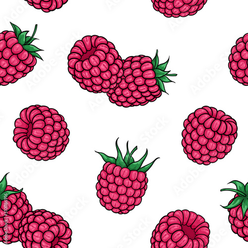 seamless pattern pink raspberries with black contour on white background, symbol of summer. design holiday greeting card and invitation of seasonal summer holidays, beach parties, tourism and travel