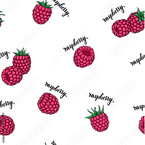 seamless pattern pink raspberries with lettering text raspberry white background. design holiday greeting card and invitation of seasonal summer holidays, beach parties, tourism and travel