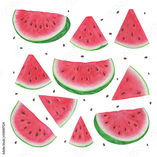set of markers hand drawn watermelon slices on white background. Vector illustration