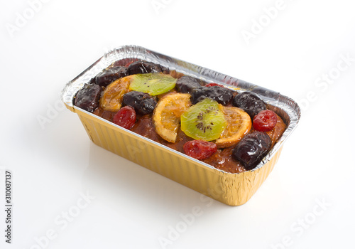 fruit cake in package white background