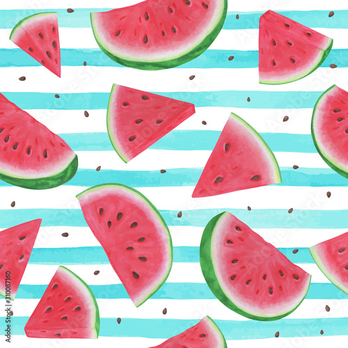 Seamless background with watermelon slices on blue watercolor stripes . design for holiday greeting card and invitation of seasonal summer holidays, summer beach parties, tourism and travel