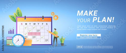 Make plans and manage time online. Implement discipline, efficient work, work or school scheduling. Suitable for web landing page, marketing, advertising, promotion, banner. Vector illustration