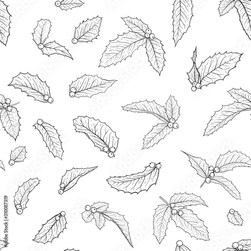 black and white seamless pattern holly, ilex branch with leaves on white background. design holiday greeting cards and invitations of Merry Christmas and Happy New Year, seasonal winter holidays