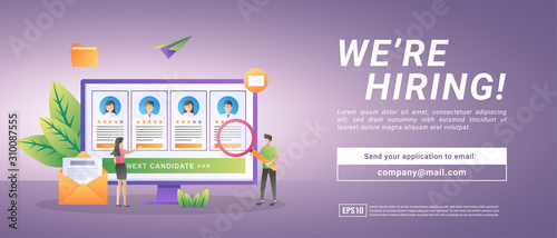 Online recruitment. Businessmen open employee recruitment. Search for and choose experienced candidates. Suitable for web landing page, marketing, advertising, promotion, banner. Vector illustration