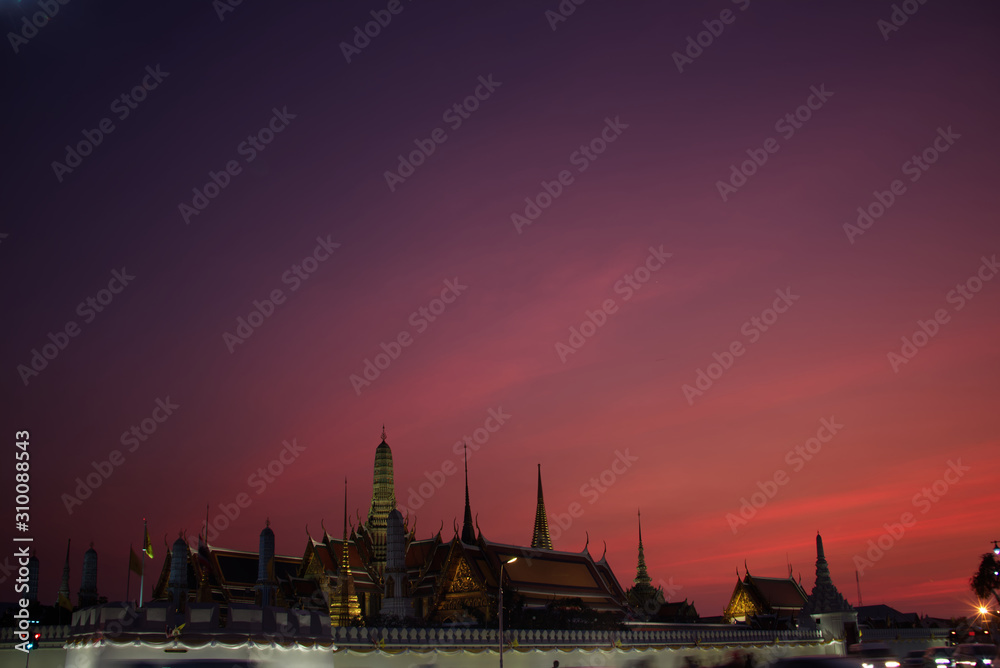 Wat Pra Kaew with beautiful twilight sky in an evening, Bangkok, Thailand	