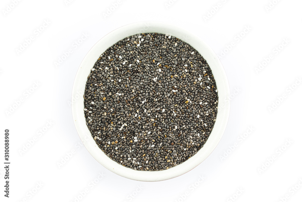 chia seeds on bowl on white background. chia seeds on bowl on white background.