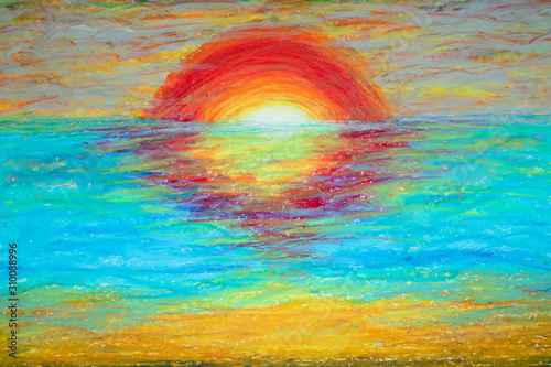 The background image in the twilight created with crayons or oil paints. Landscape background.
