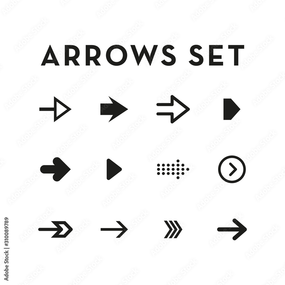 Set of black arrows. Collection of different styles. Vector illustration. Set of black arrows. Collection of different styles. Vector illustration.