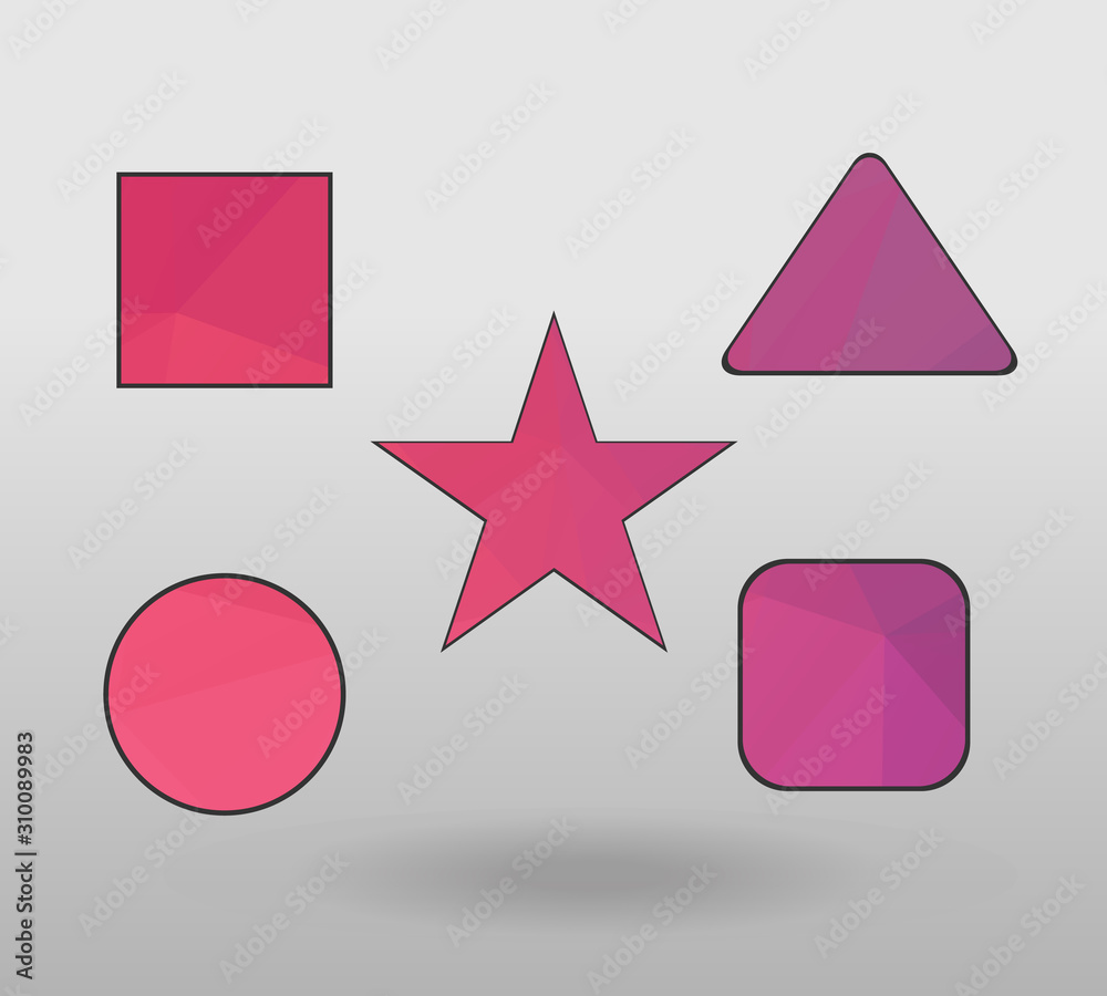 Polygonal geometric figures. Set of design elements with square, Circle, rectangle, star, triangle shape. colorful shape in modern polygonal crystal style on white background. Polygonal geometric figures. Set of design elements with square, Circle, rectangle, star, triangle shape. colorful shape in modern polygonal crystal style on white background.