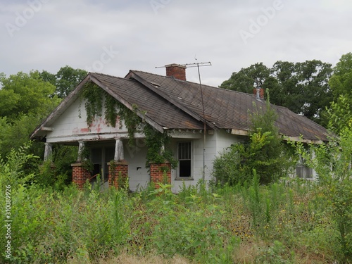 Cuadro en lienzo A dilapidated, abandoned house surrounded by shrubs and trees