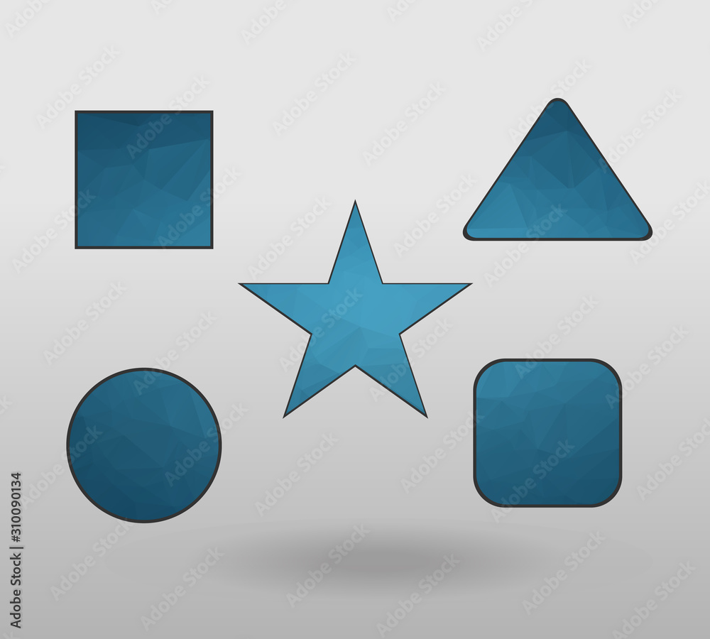 Polygonal geometric figures. Set of design elements with square, Circle, rectangle, star, triangle shape. colorful shape in modern polygonal crystal style on white background. Polygonal geometric figures. Set of design elements with square, Circle, rectangle, star, triangle shape. colorful shape in modern polygonal crystal style on white background.