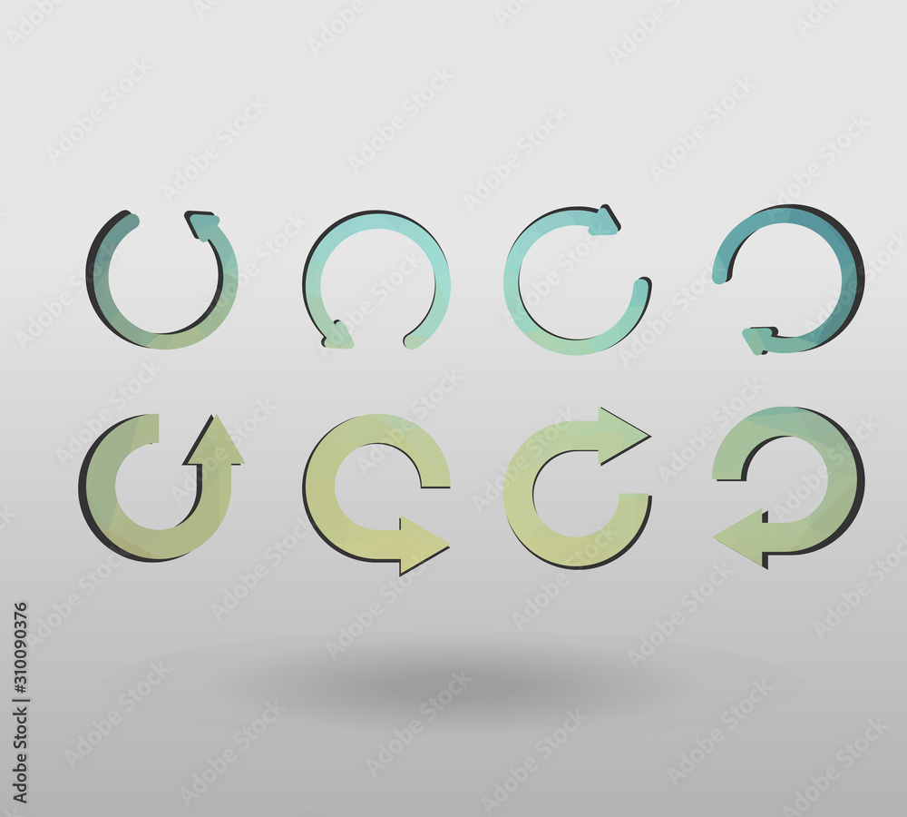 Arrow refresh icon reload sign set with polygonal triangles style. colorful arrow shape in modern polygonal crystal style on white background. Arrow refresh icon reload sign set with polygonal triangles style. colorful arrow shape in modern polygonal crystal style on white background.