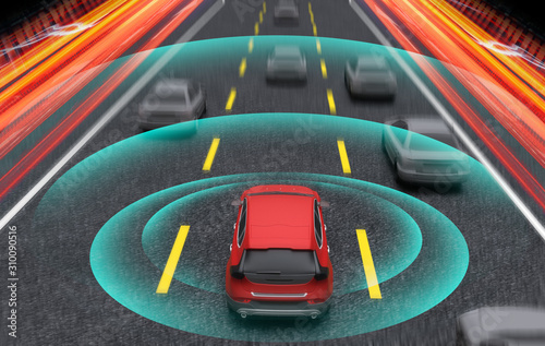 Smart car, Autopilot, self-driving mode vehicle with Radar signal system, 3D Rendering illustration.