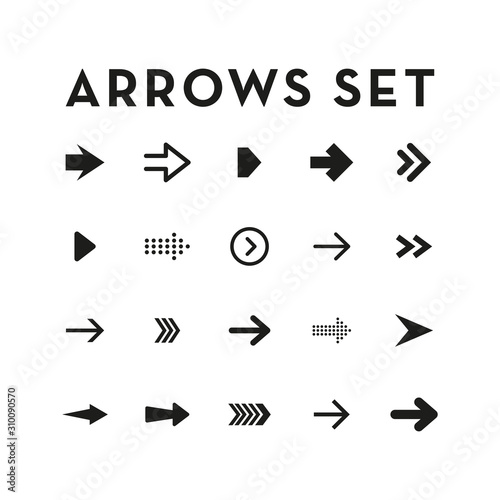 Set of black arrows. Collection of different styles. Vector illustration.