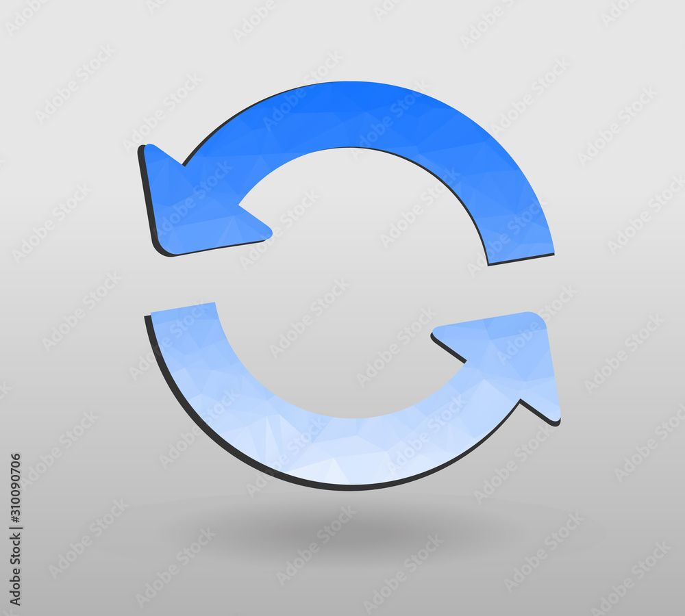 Arrow refresh icon reload sign with polygonal triangles style. colorful arrow shape in modern polygonal crystal style on white background. Arrow refresh icon reload sign with polygonal triangles style. colorful arrow shape in modern polygonal crystal style on white background.