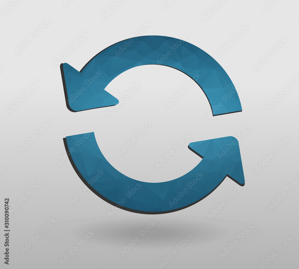 Arrow refresh icon reload sign with polygonal triangles style. colorful arrow shape in modern polygonal crystal style on white background. Arrow refresh icon reload sign with polygonal triangles style. colorful arrow shape in modern polygonal crystal style on white background.