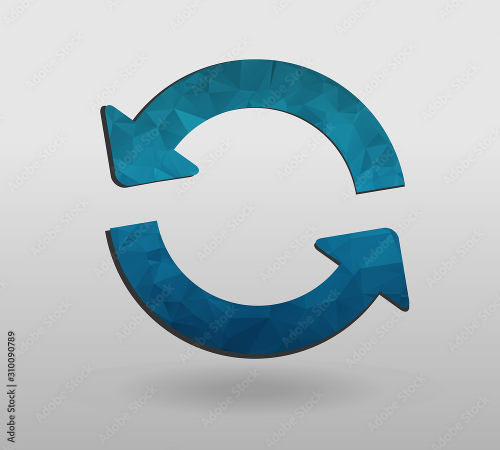 Arrow refresh icon reload sign with polygonal triangles style. colorful arrow shape in modern polygonal crystal style on white background. Arrow refresh icon reload sign with polygonal triangles style. colorful arrow shape in modern polygonal crystal style on white background.