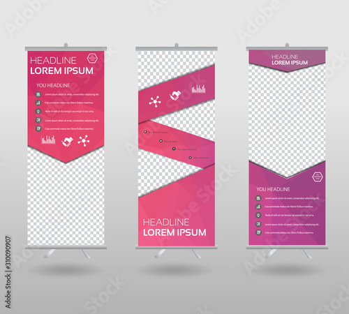 Roll Up Banner template and info graphics stand design, advertisement, display, business flyer, polygon background. vector illustration.