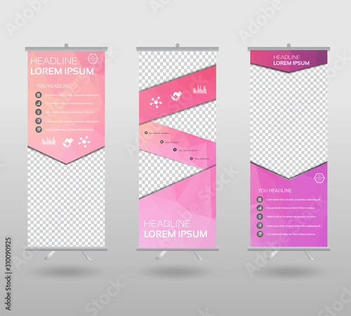 Roll Up Banner template and info graphics stand design, advertisement, display, business flyer, polygon background. vector illustration.