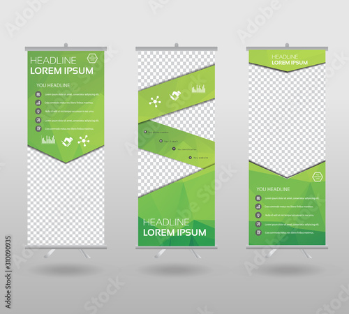 Roll Up Banner template and info graphics stand design, advertisement, display, business flyer, polygon background. vector illustration.