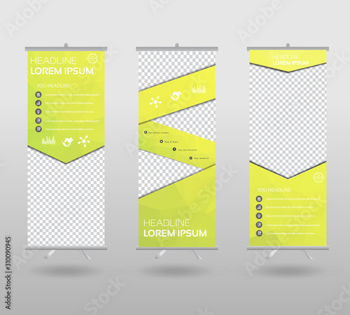 Roll Up Banner template and info graphics stand design, advertisement, display, business flyer, polygon background. vector illustration.