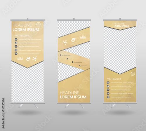 Roll Up Banner template and info graphics stand design, advertisement, display, business flyer, polygon background. vector illustration.
