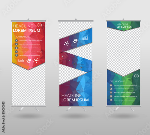 Roll Up Banner template and info graphics stand design, advertisement, display, business flyer, polygon background. vector illustration.