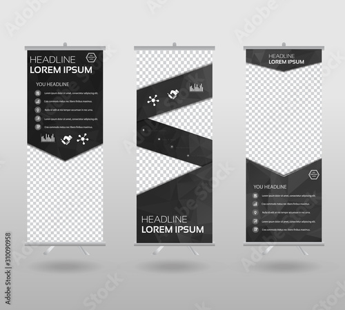Roll Up Banner template and info graphics stand design, advertisement, display, business flyer, polygon background. vector illustration.