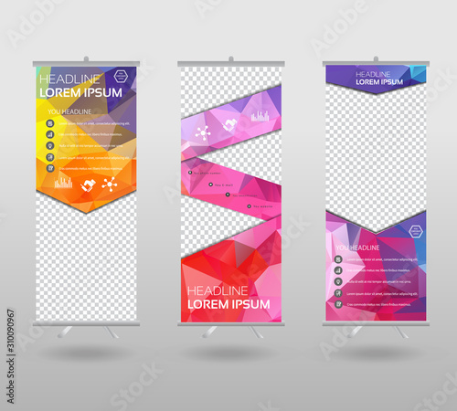 Roll Up Banner template and info graphics stand design, advertisement, display, business flyer, polygon background. vector illustration.