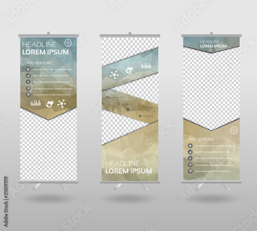 Roll Up Banner template and info graphics stand design, advertisement, display, business flyer, polygon background. vector illustration.