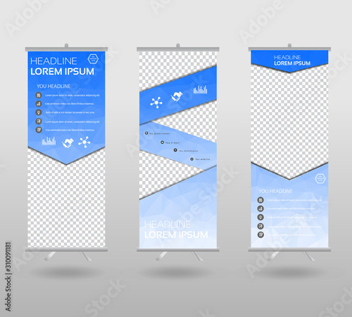 Roll Up Banner template and info graphics stand design, advertisement, display, business flyer, polygon background. vector illustration.