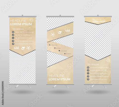 Roll Up Banner template and info graphics stand design, advertisement, display, business flyer, polygon background. vector illustration.