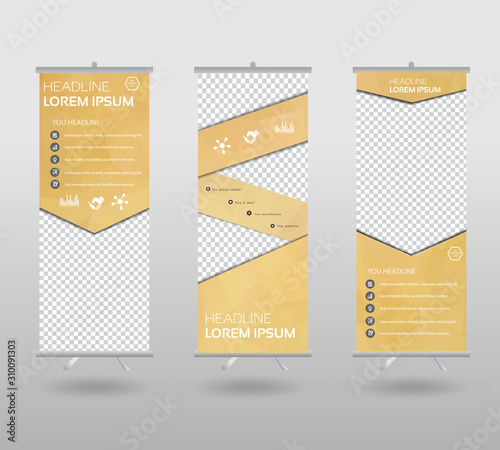 Roll Up Banner template and info graphics stand design, advertisement, display, business flyer, polygon background. vector illustration.