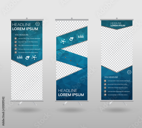 Roll Up Banner template and info graphics stand design, advertisement, display, business flyer, polygon background. vector illustration.