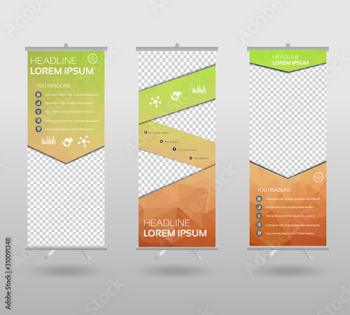 Roll Up Banner template and info graphics stand design, advertisement, display, business flyer, polygon background. vector illustration.