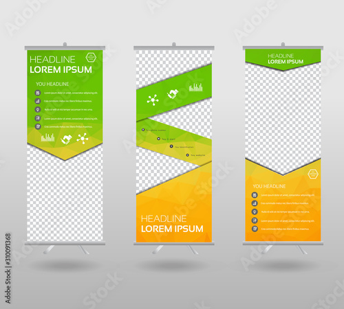 Roll Up Banner template and info graphics stand design, advertisement, display, business flyer, polygon background. vector illustration.