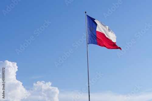 Wide shot of a Texas State flag on a pole